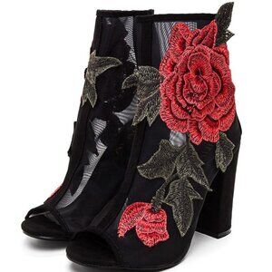 "THE TRANSPARECY GAME "Black Mesh Red Rose Peep Toe Ankle Bootie Heels